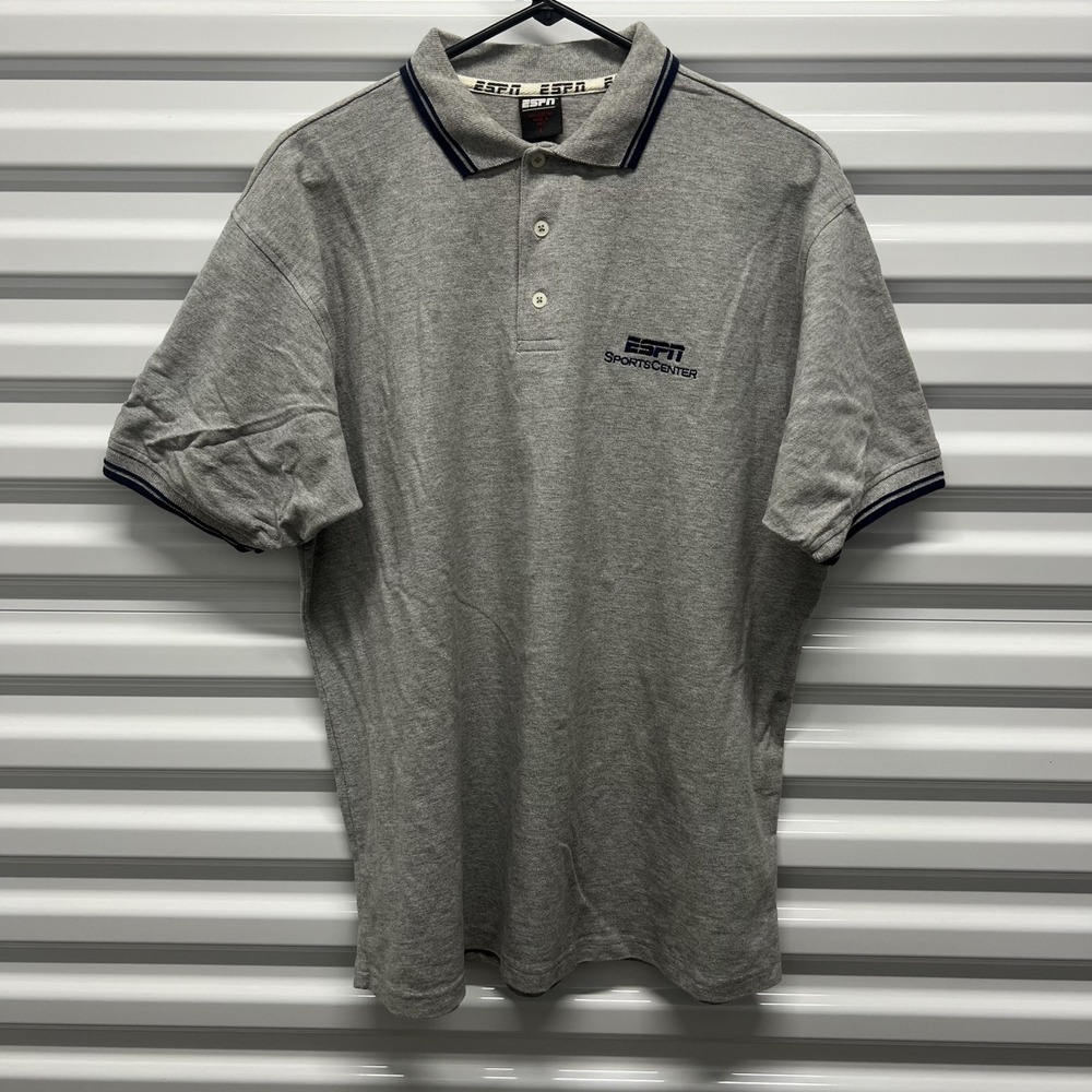 ESPN SportsCenter‎ Polo Shirt Size Large Mens Gray Cotton Tipped Collar Logo L